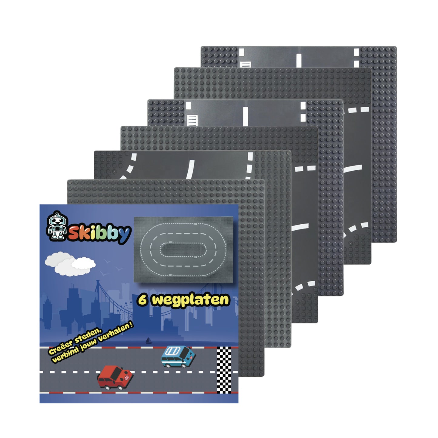 Skibby wegplaten set geschikt voor LEGO - city stenen 32 x 32 noppen - bouwplaten set - weg - city wegplaat 60304 - 6 stuks