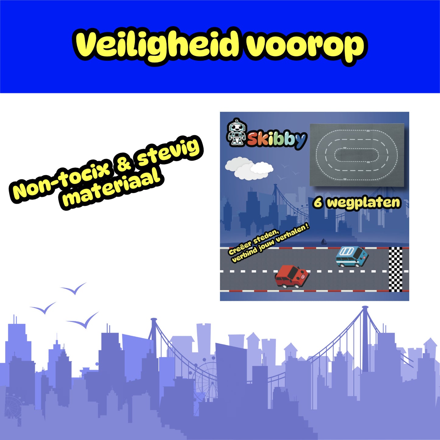 Skibby wegplaten set geschikt voor LEGO - city stenen 32 x 32 noppen - bouwplaten set - weg - city wegplaat 60304 - 6 stuks